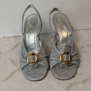 Larroudé Mayfair Silver Lurex Slingback Heels Gold Buckle Size 9